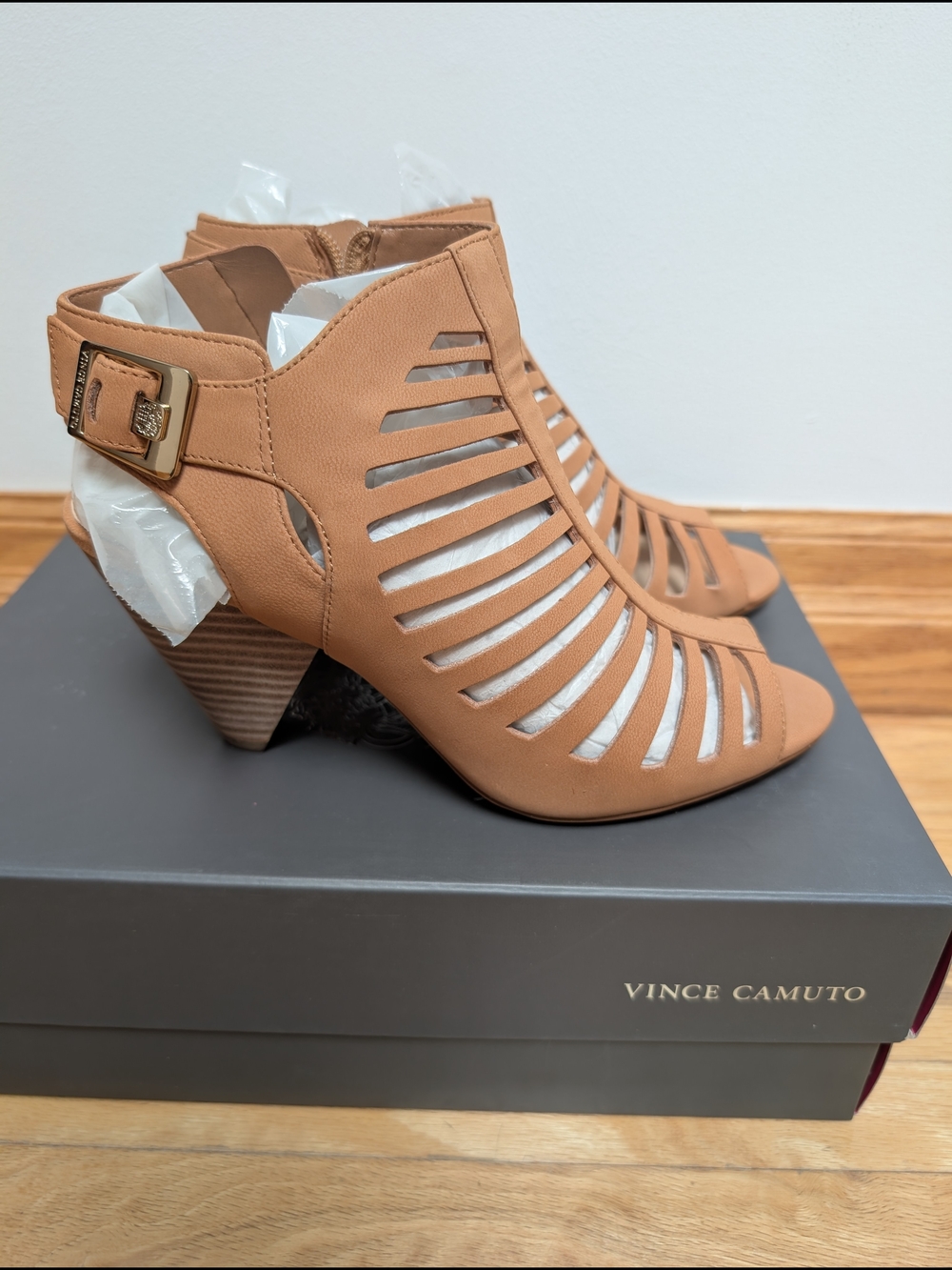 Vince Camuto Tan Laser-Cut Peep-Toe Slingback Booties